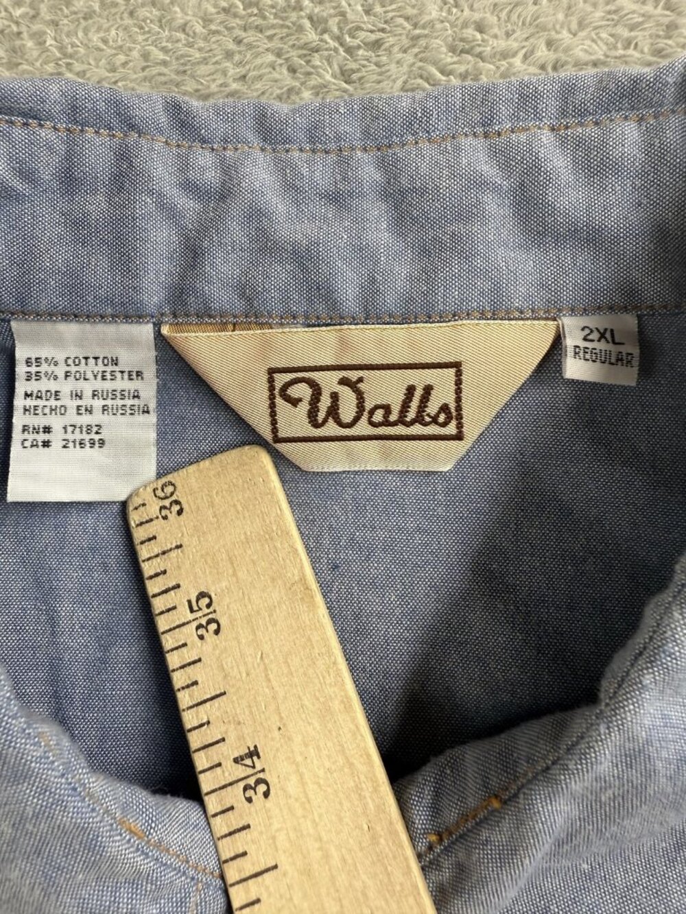 Vintage Walls Shirt Men 2XL Blue Solid Short Sleeve Western Snap Chambray Pocket - Picture 3 of 13